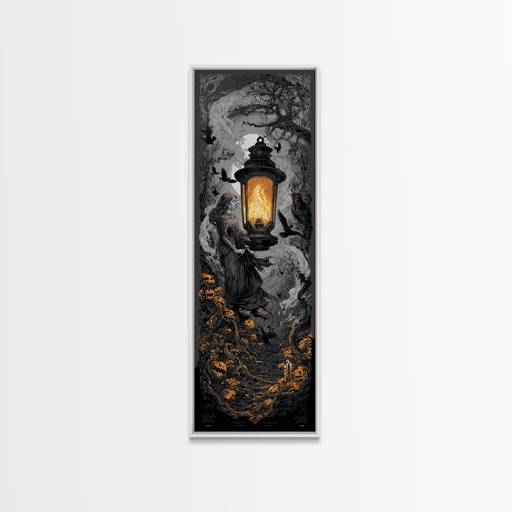 The Lantern Specter, Tall Narrow Wall Art, Haunted Gothic Art, Framed Canvas Print, Halloween Wall Decor, Gothic Home Decor