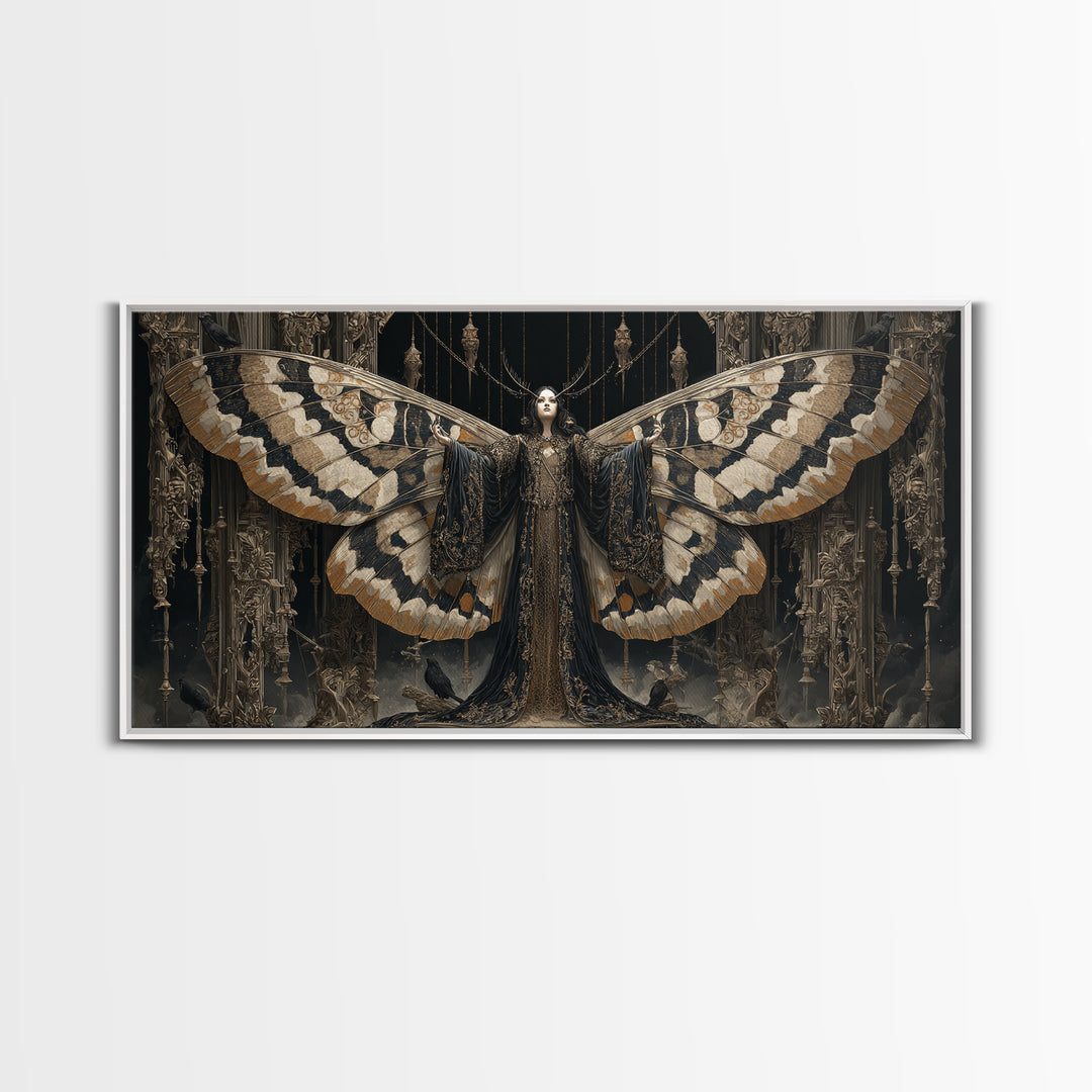 The Velvet Moth Witch, Wide Panoramic Art, Dark Halloween Decor, Canvas Print, Halloween Wall Decor, Gothic Home Decor, Halloween Wall Art