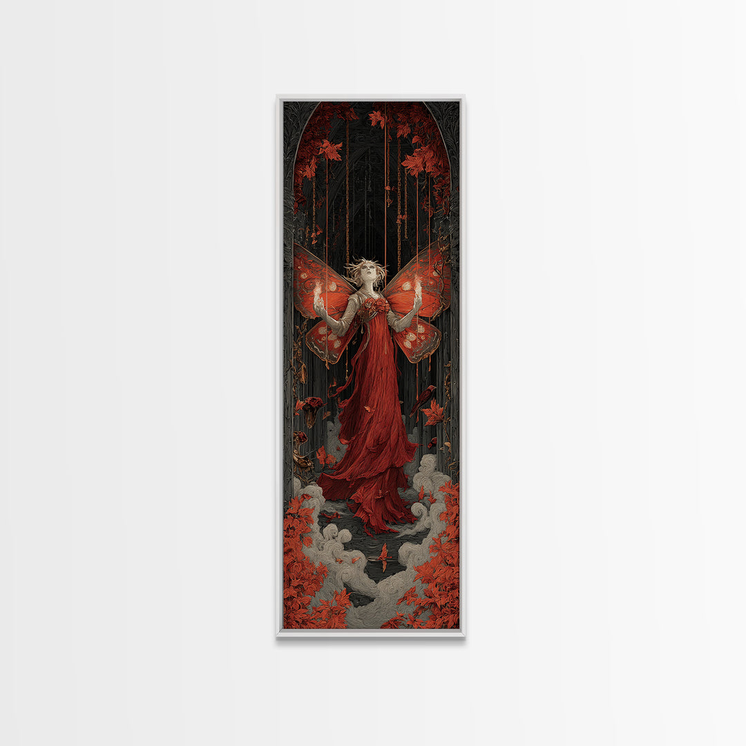The Velvet Moth Witch, Tall Narrow Wall Art, Macabre Wall Art, Framed Canvas Print, Halloween Wall Decor, Gothic Home Decor