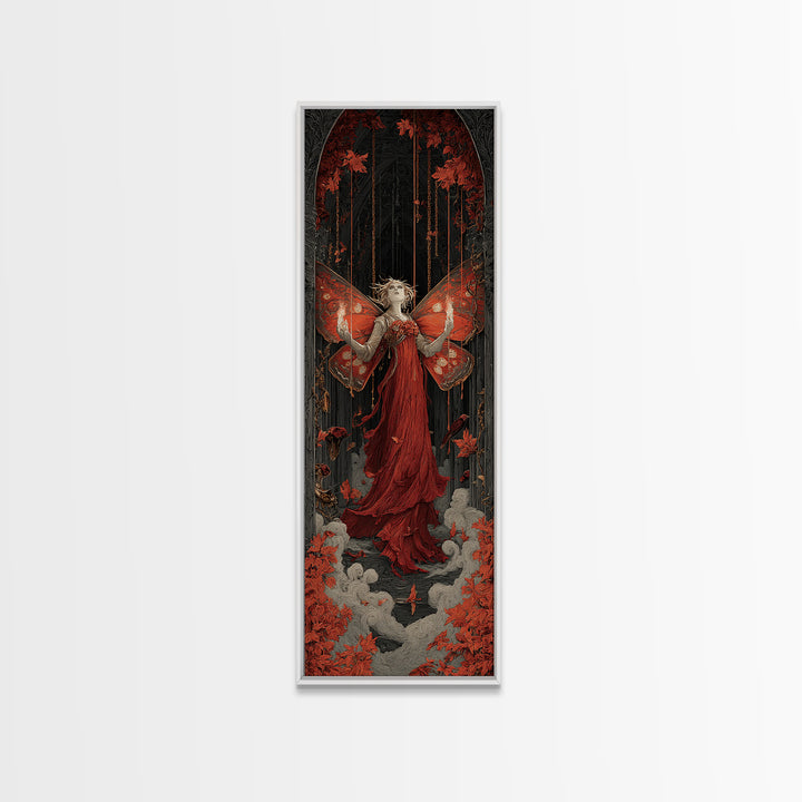 The Velvet Moth Witch, Tall Narrow Wall Art, Macabre Wall Art, Framed Canvas Print, Halloween Wall Decor, Gothic Home Decor