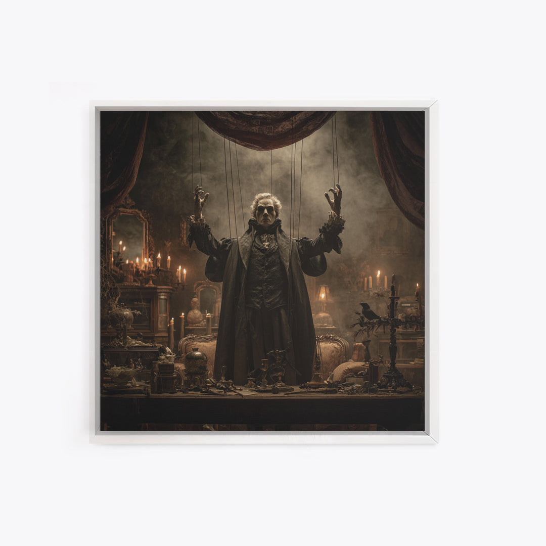 The Marionette Master, Square Wall Art, Macabre Wall Art, Framed Canvas Print, Halloween Wall Decor, Gothic Home Decor, Seasonal Home Decor