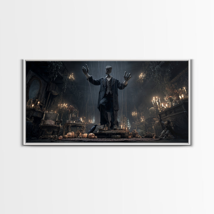 The Marionette Master, Wide Panoramic Art, Macabre Wall Art, Framed Canvas Print, Halloween Wall Decor, Gothic Home Decor, Spooky Wall Decor