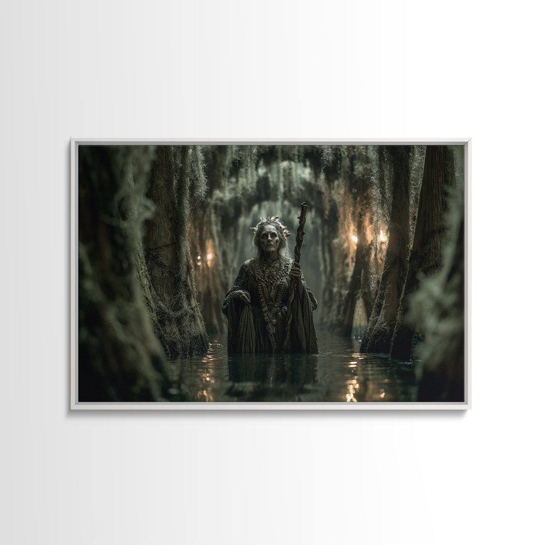 The Swamp Witch, Landscape Wall Art, Gothic Horror Wall Art, Framed Canvas Print, Halloween Wall Decor, Gothic Home Decor