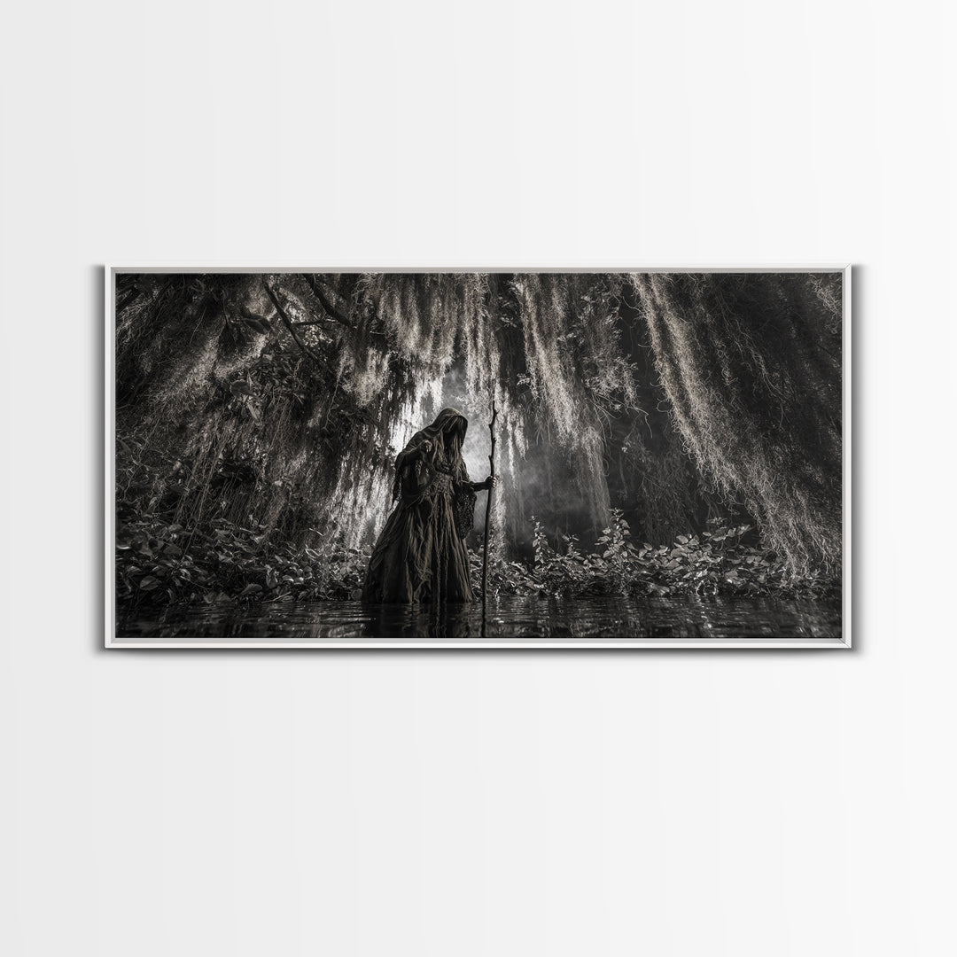 The Swamp Witch, Wide Panoramic Art, Gothic Horror Wall Art, Framed Canvas Print, Halloween Wall Decor, Gothic Home Decor