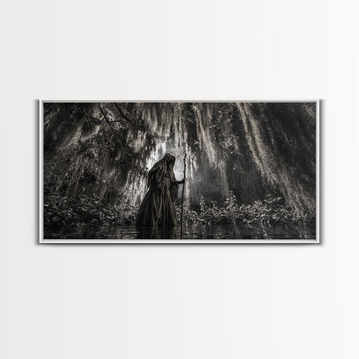 The Swamp Witch, Wide Panoramic Art, Gothic Horror Wall Art, Framed Canvas Print, Halloween Wall Decor, Gothic Home Decor