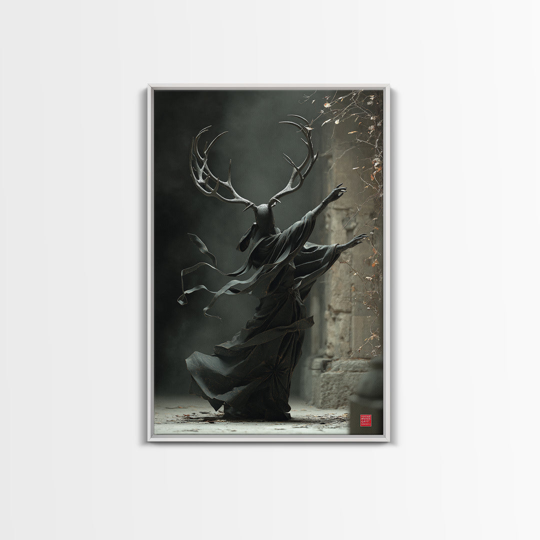 The Antlered Forest Spirit, Vertical Wall Art, Macabre Wall Art, Framed Canvas Print, Halloween Wall Decor, Gothic Home Decor