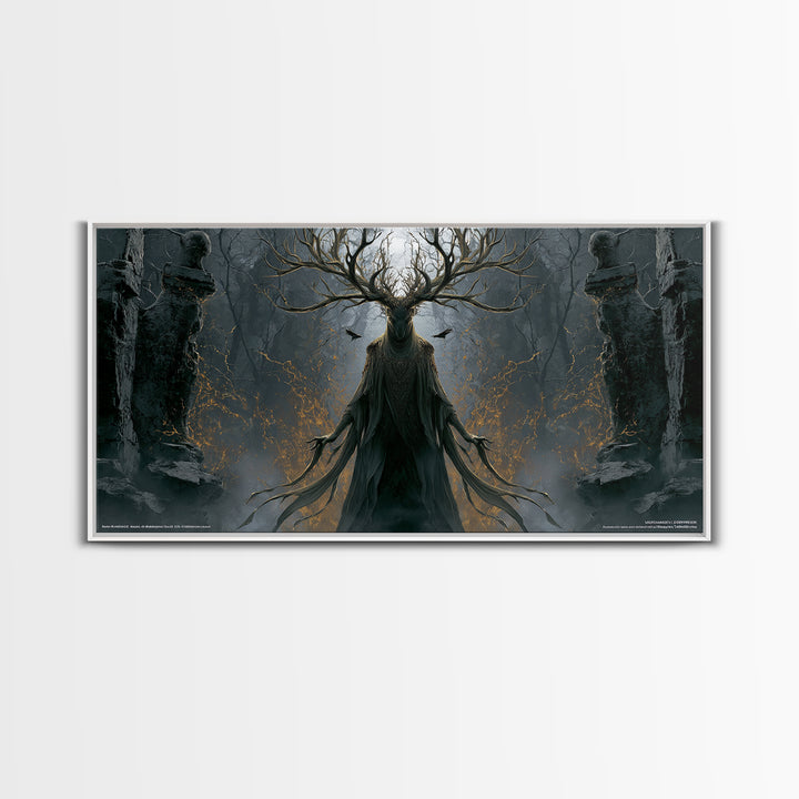 The Antlered Forest Spirit, Wide Panoramic Art, Gothic Horror Wall Art, Framed Canvas Print, Halloween Wall Decor, Gothic Home Decor
