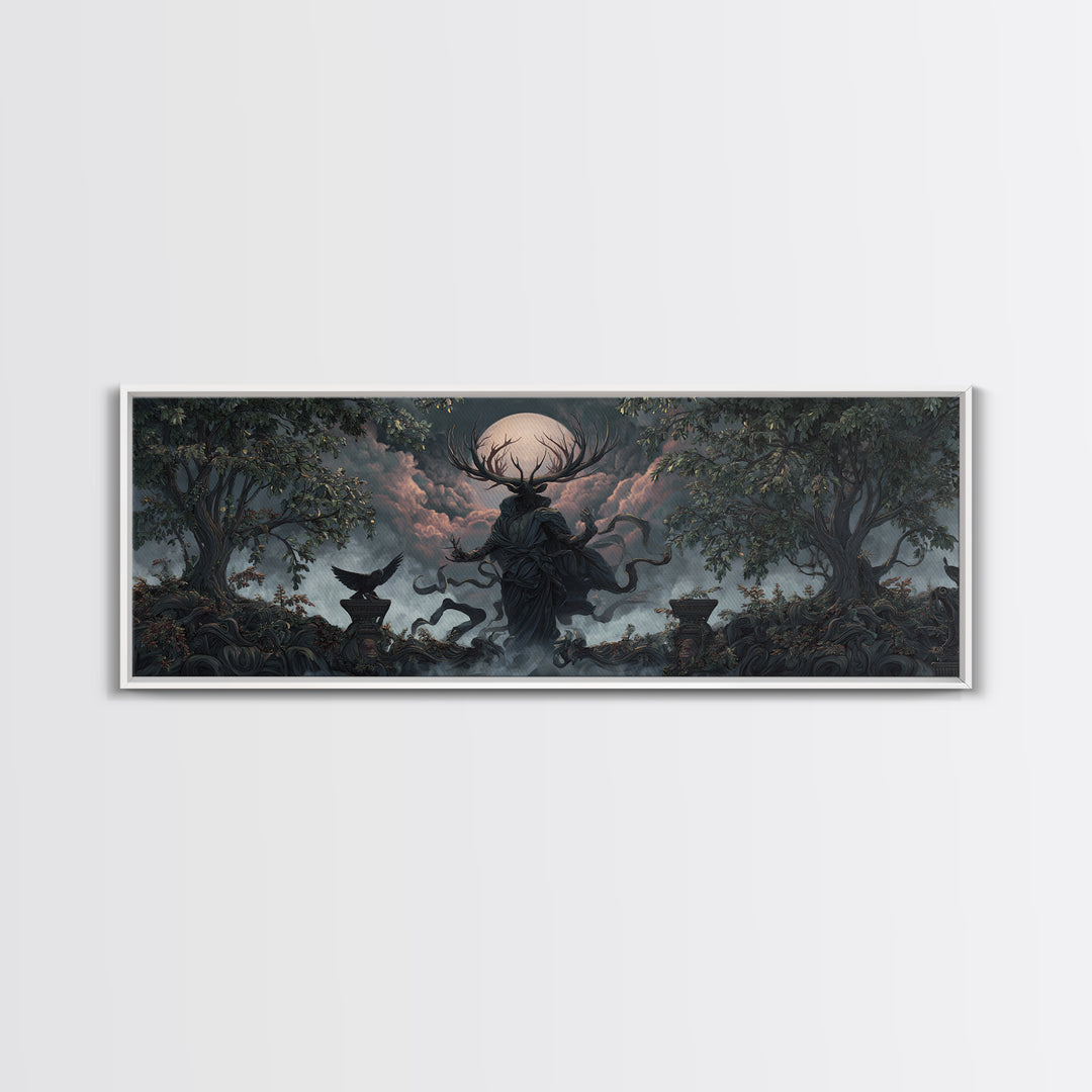 The Antlered Forest Spirit, Extra Wide Wall Art, Dark Fantasy Wall Art, Canvas Print, Halloween Wall Decor, Gothic Home Decor