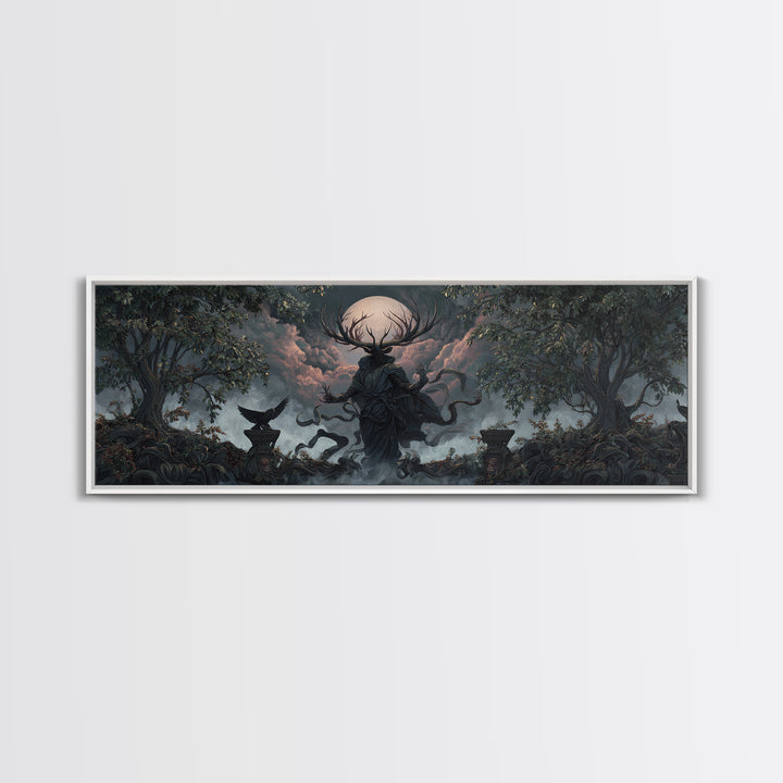 The Antlered Forest Spirit, Extra Wide Wall Art, Dark Fantasy Wall Art, Canvas Print, Halloween Wall Decor, Gothic Home Decor
