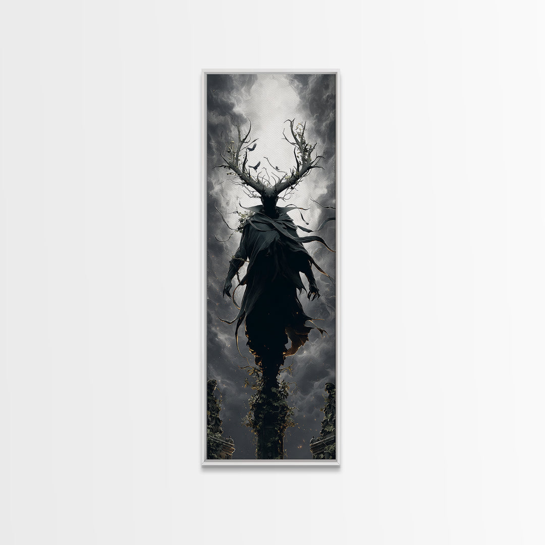 The Antlered Forest Spirit, Tall Narrow Wall Art, Macabre Wall Art, Framed Canvas Print, Halloween Wall Decor, Gothic Home Decor