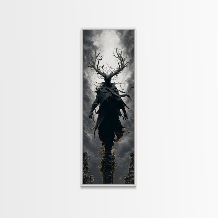 The Antlered Forest Spirit, Tall Narrow Wall Art, Macabre Wall Art, Framed Canvas Print, Halloween Wall Decor, Gothic Home Decor