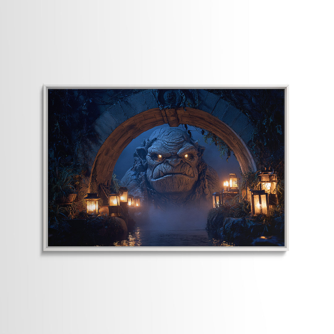 The Bridge Troll At Midnight, Landscape Wall Art, Gothic Horror Wall Art, Framed Canvas Print, Halloween Wall Decor, Gothic Home Decor