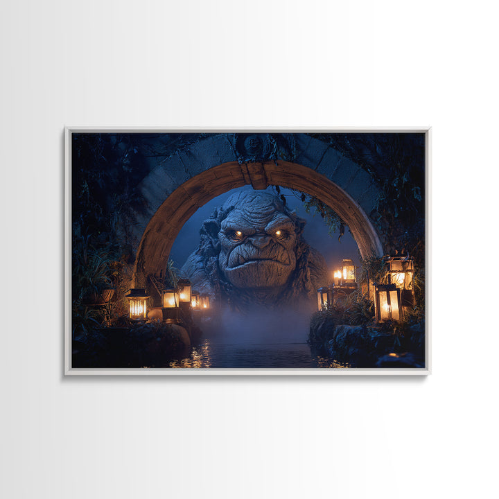 The Bridge Troll At Midnight, Landscape Wall Art, Gothic Horror Wall Art, Framed Canvas Print, Halloween Wall Decor, Gothic Home Decor