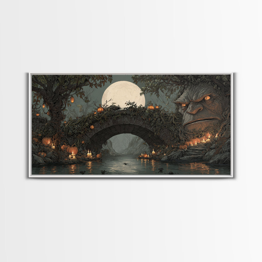 The Bridge Troll At Midnight, Wide Panoramic Art, Dark Fantasy Wall Art, Canvas Print, Halloween Wall Decor, Gothic Home Decor