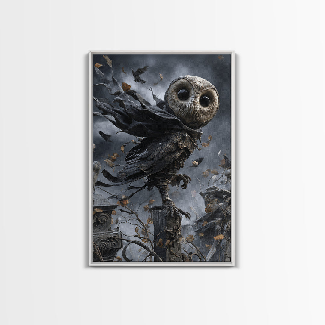 The Owl-Faced Omen, Vertical Wall Art, Spooky Home Decor, Canvas Print, Halloween Wall Decor, Gothic Home Decor, Macabre Wall Art