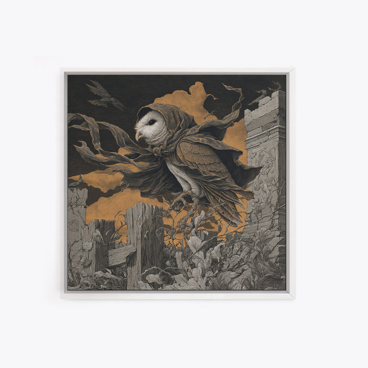 The Owl-Faced Omen, Square Wall Art, Gothic Horror Wall Art, Framed Canvas Print, Halloween Wall Decor, Gothic Home Decor, Spooky Wall Decor