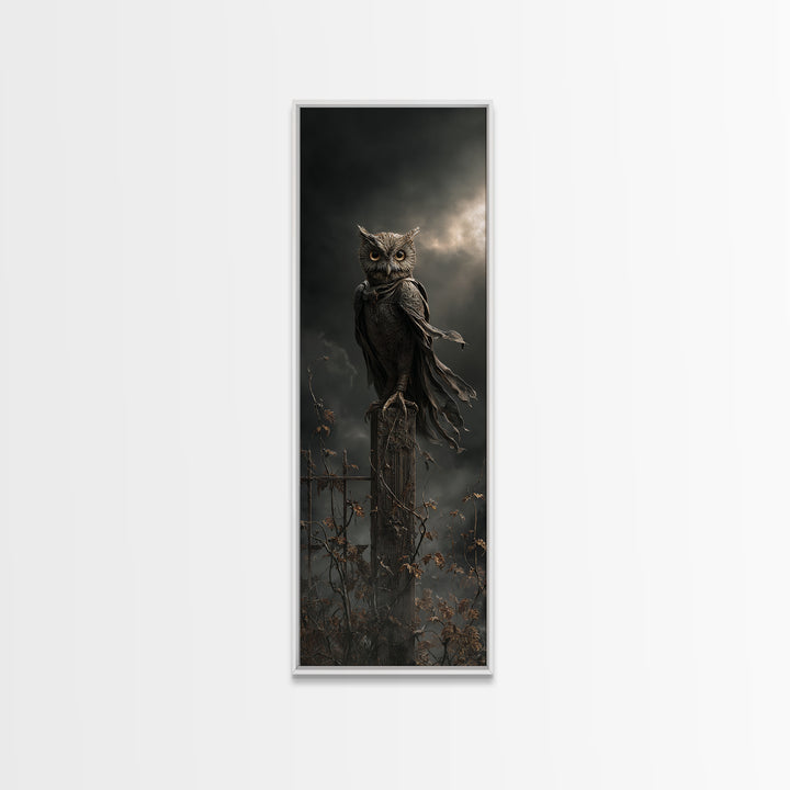 The Owl-Faced Omen, Tall Narrow Wall Art, Haunted Gothic Art, Framed Canvas Print, Halloween Wall Decor, Gothic Home Decor