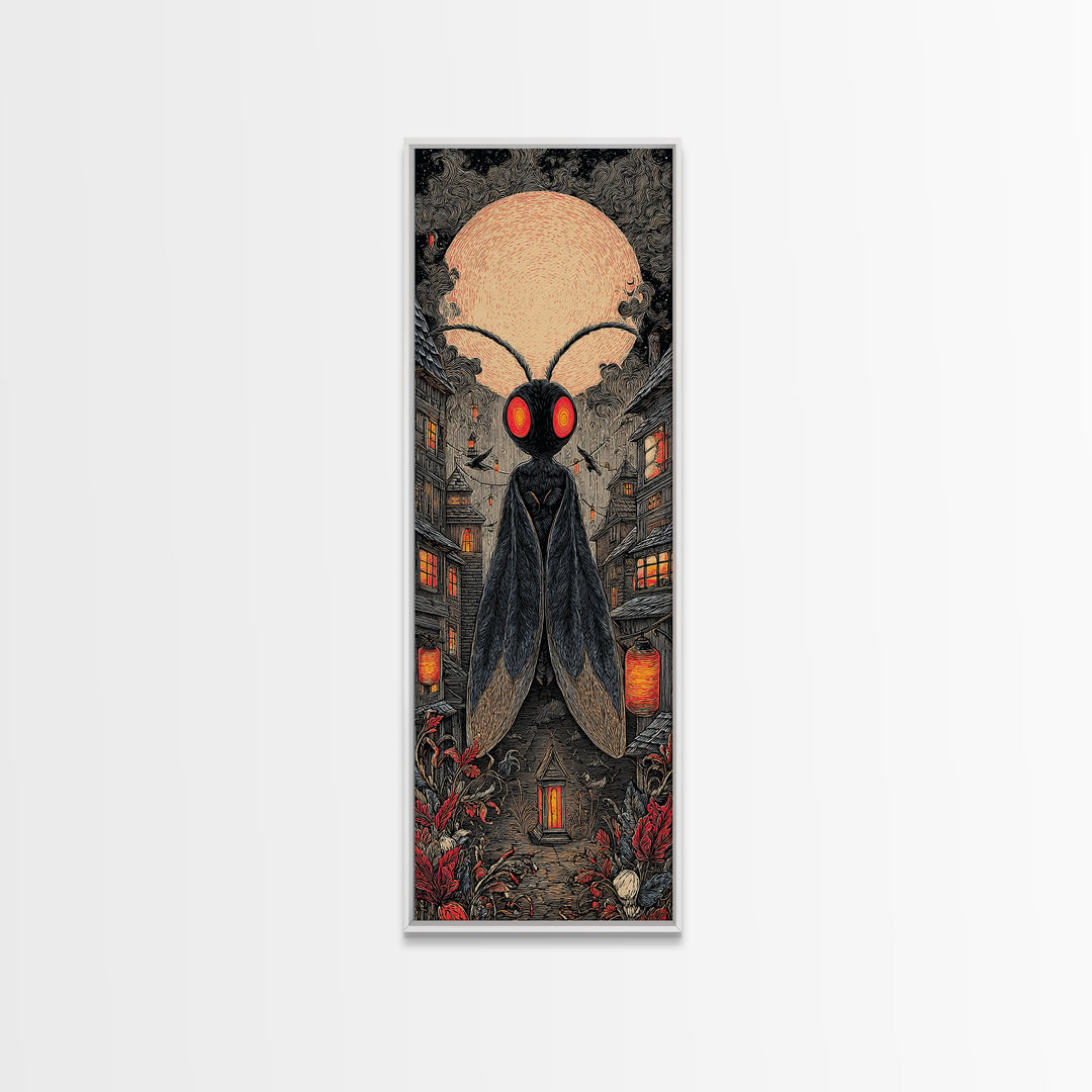 The Red-Eyed Moth Creature, Tall Narrow Wall Art, Spooky Home Decor, Canvas Print, Halloween Wall Decor, Gothic Home Decor