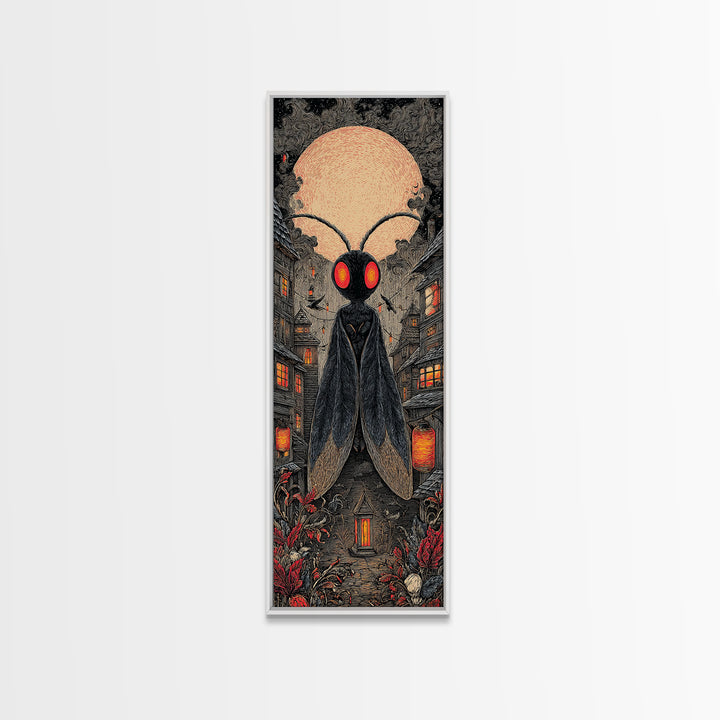 The Red-Eyed Moth Creature, Tall Narrow Wall Art, Spooky Home Decor, Canvas Print, Halloween Wall Decor, Gothic Home Decor