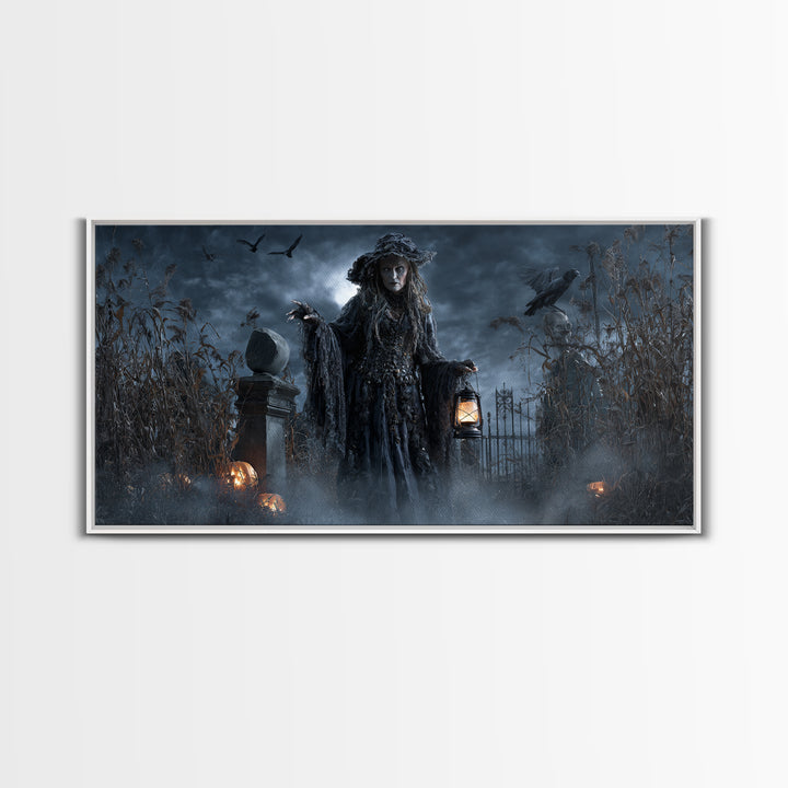 The Salt-Marsh Witch, Wide Panoramic Art, Haunted Gothic Art, Framed Canvas Print, Halloween Wall Decor, Gothic Home Decor