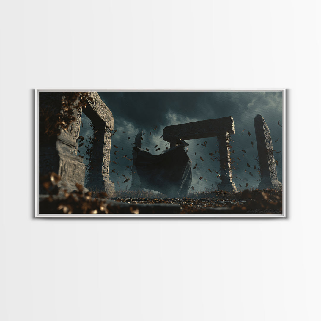 The Stone-Circle Spirit, Wide Panoramic Art, Gothic Horror Wall Art, Framed Canvas Print, Halloween Wall Decor, Gothic Home Decor