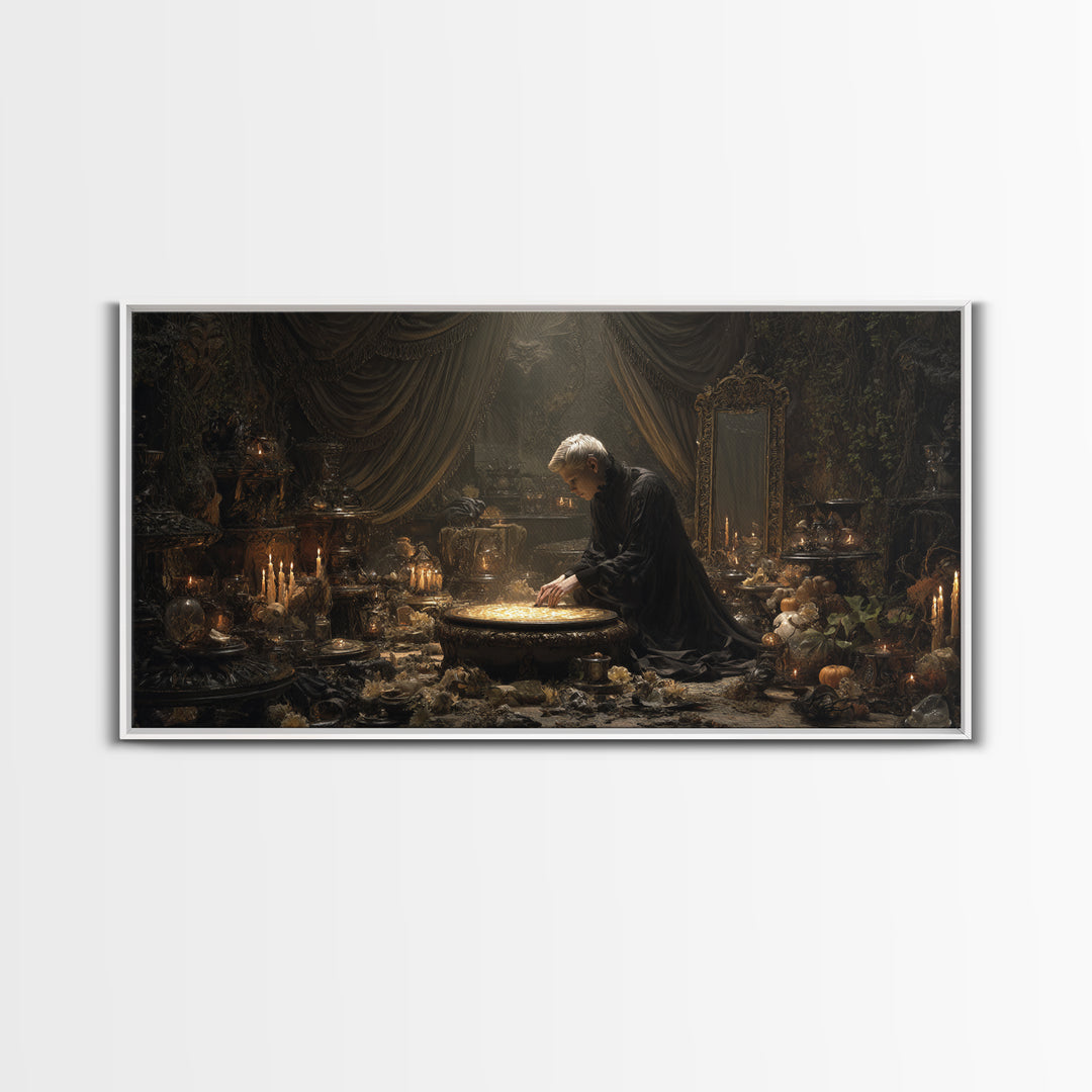 The Cave Oracle, Wide Panoramic Art, Haunted Gothic Art, Framed Canvas Print, Halloween Wall Decor, Gothic Home Decor