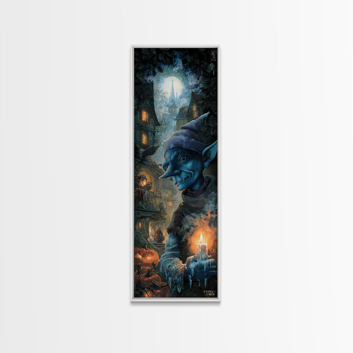 The Frost Goblin, Tall Narrow Wall Art, Macabre Wall Art, Framed Canvas Print, Halloween Wall Decor, Gothic Home Decor, Seasonal Home Decor