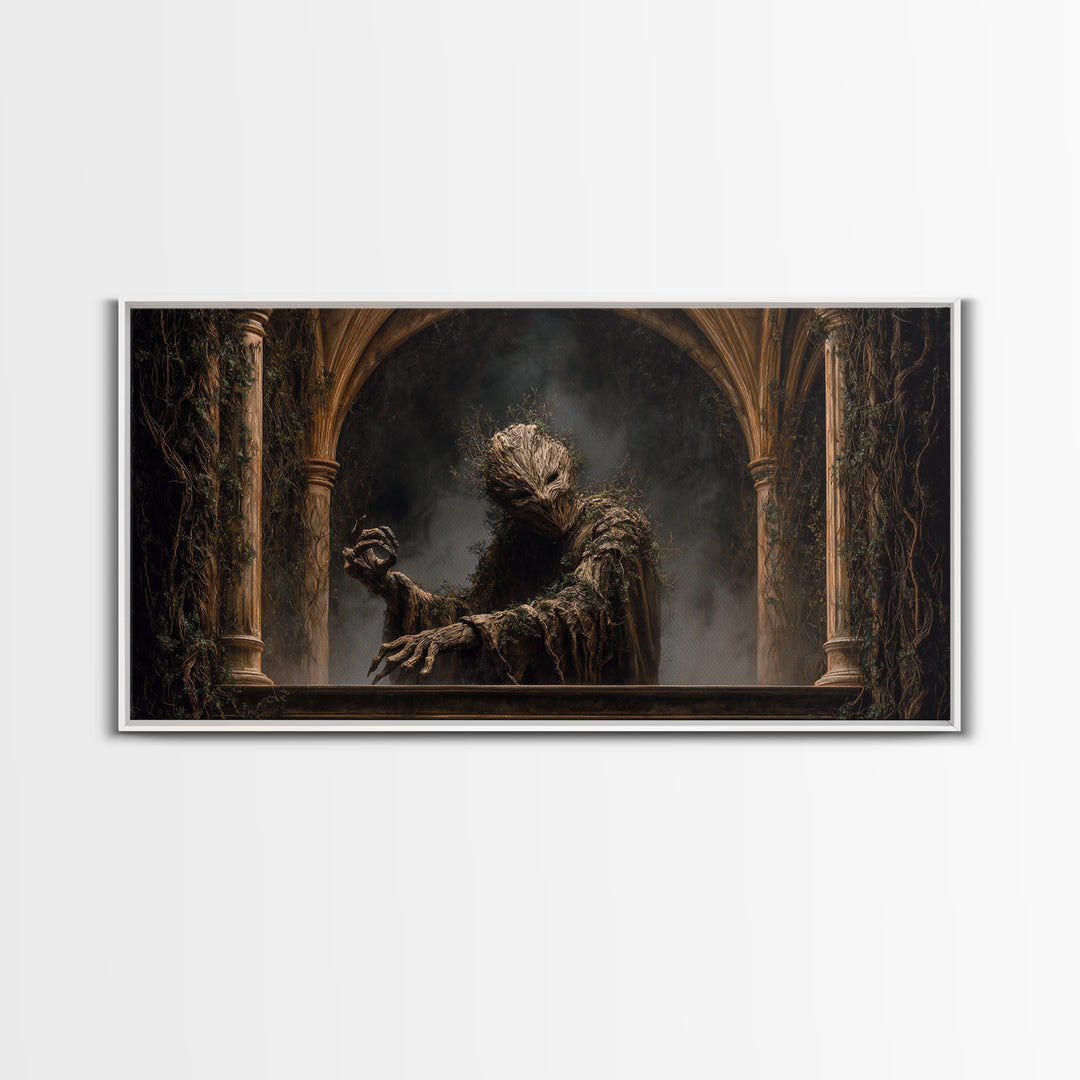 The Hollow-Tree Monster, Wide Panoramic Art, Macabre Wall Art, Framed Canvas Print, Halloween Wall Decor, Gothic Home Decor