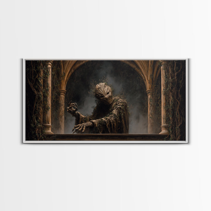 The Hollow-Tree Monster, Wide Panoramic Art, Macabre Wall Art, Framed Canvas Print, Halloween Wall Decor, Gothic Home Decor