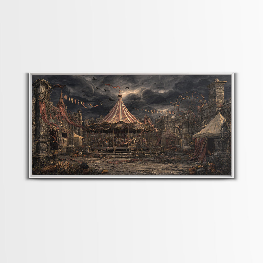 The Abandoned Carnival, Wide Panoramic Art, Macabre Wall Art, Framed Canvas Print, Halloween Wall Decor, Gothic Home Decor, Horror Wall Art