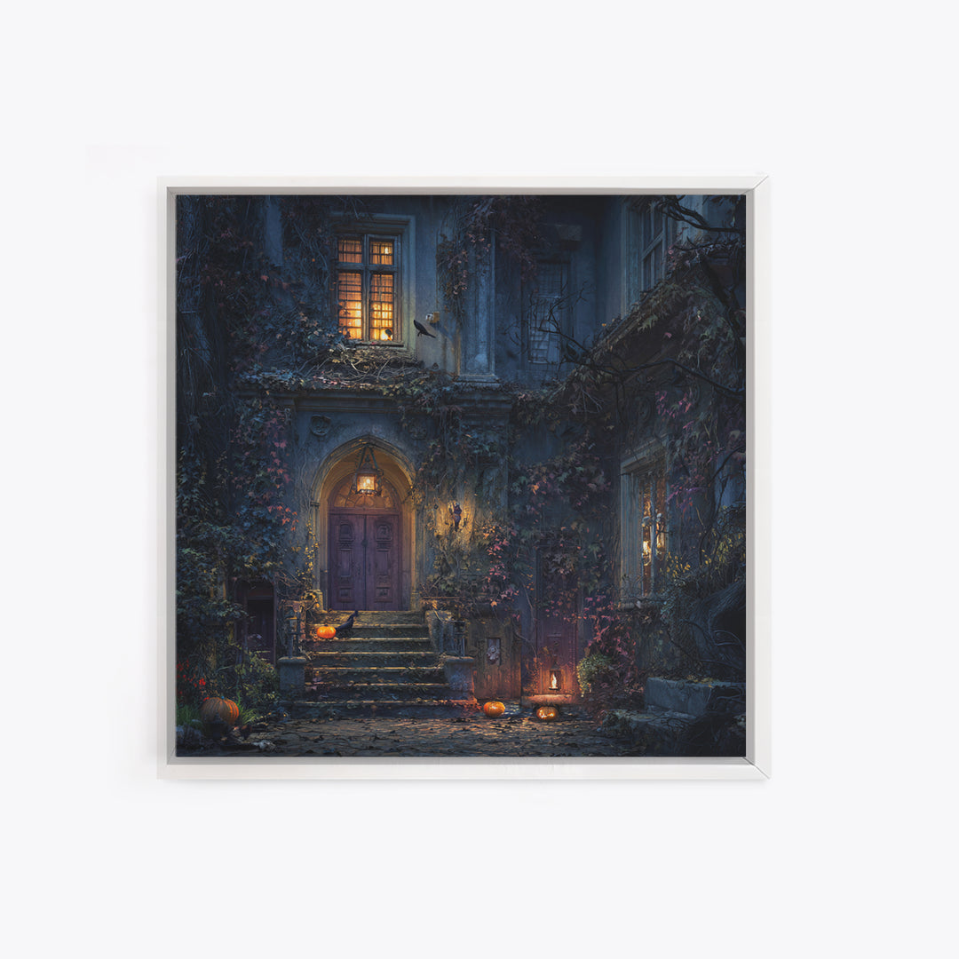 The Haunted Manor, Square Wall Art, Macabre Wall Art, Framed Canvas Print, Halloween Wall Decor, Gothic Home Decor, Collectible Wall Decor