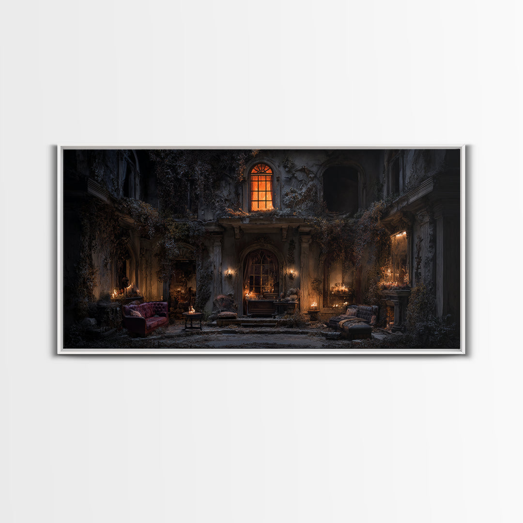 The Haunted Manor, Wide Panoramic Art, Macabre Wall Art, Framed Canvas Print, Halloween Wall Decor, Gothic Home Decor, Horror Wall Art