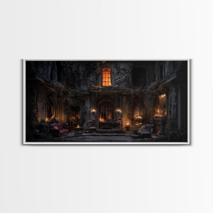 The Haunted Manor, Wide Panoramic Art, Macabre Wall Art, Framed Canvas Print, Halloween Wall Decor, Gothic Home Decor, Horror Wall Art