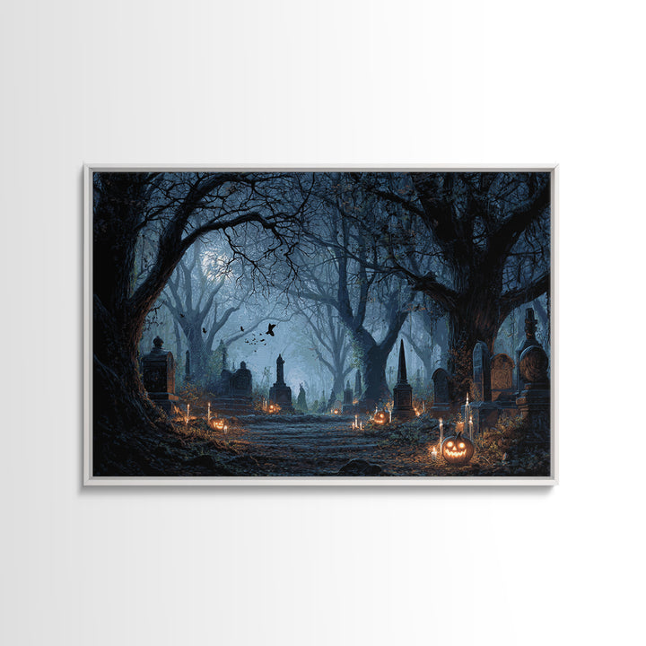 The Moonlit Cemetery, Landscape Wall Art, Gothic Horror Wall Art, Framed Canvas Print, Halloween Wall Decor, Gothic Home Decor