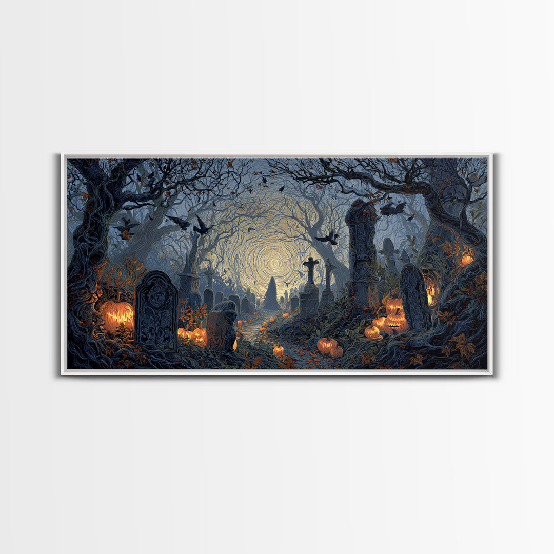 The Moonlit Cemetery, Wide Panoramic Art, Spooky Home Decor, Canvas Print, Halloween Wall Decor, Gothic Home Decor, Halloween Wall Art