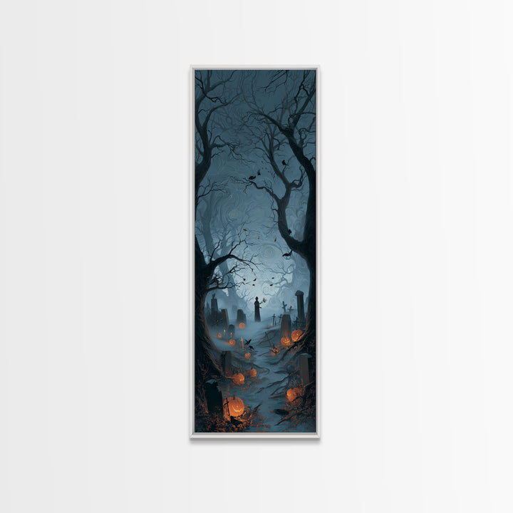 The Moonlit Cemetery, Tall Narrow Wall Art, Haunted Gothic Art, Framed Canvas Print, Halloween Wall Decor, Gothic Home Decor