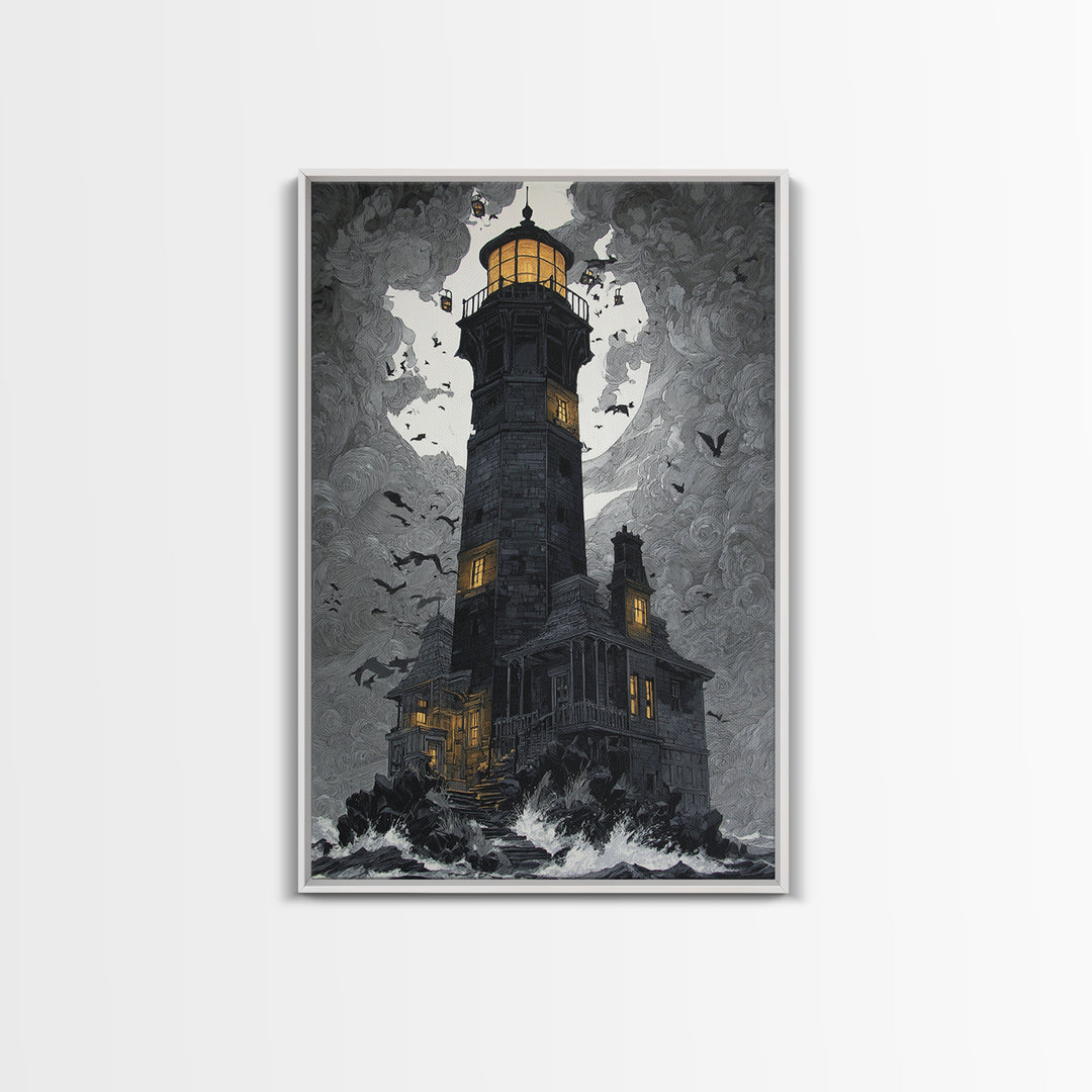The Cursed Lighthouse, Vertical Wall Art, Macabre Wall Art, Framed Canvas Print, Halloween Wall Decor, Gothic Home Decor
