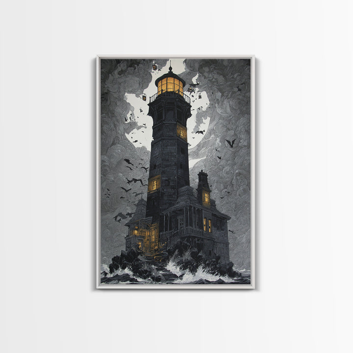 The Cursed Lighthouse, Vertical Wall Art, Macabre Wall Art, Framed Canvas Print, Halloween Wall Decor, Gothic Home Decor