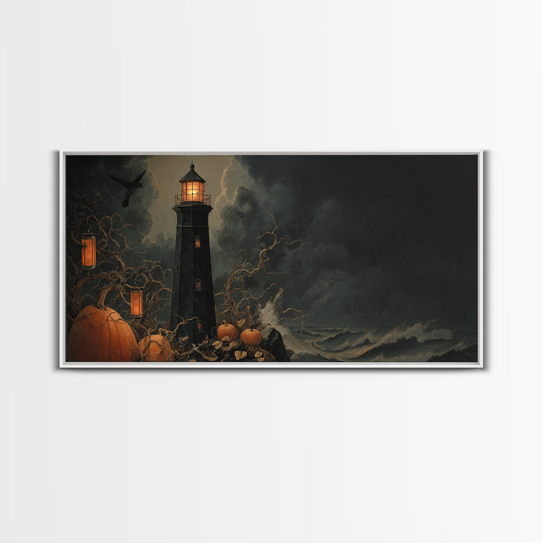 The Cursed Lighthouse, Wide Panoramic Art, Dark Halloween Decor, Canvas Print, Halloween Wall Decor, Gothic Home Decor