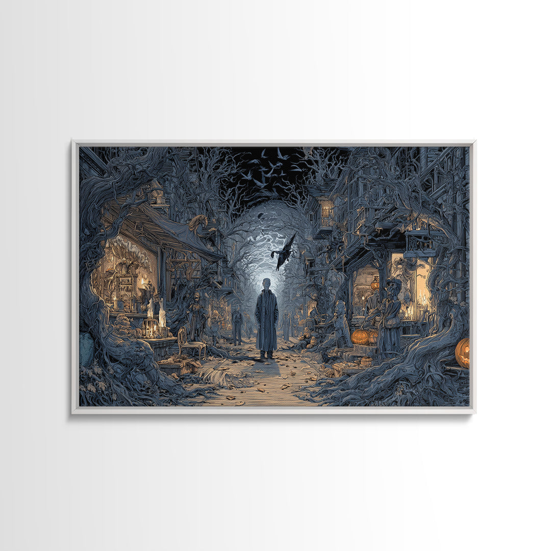 The Ghost Town Main Street, Landscape Wall Art, Macabre Wall Art, Framed Canvas Print, Halloween Wall Decor, Gothic Home Decor