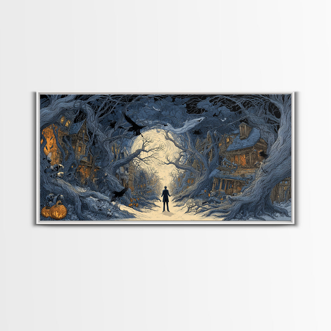 The Ghost Town Main Street, Wide Panoramic Art, Haunted Gothic Art, Framed Canvas Print, Halloween Wall Decor, Gothic Home Decor