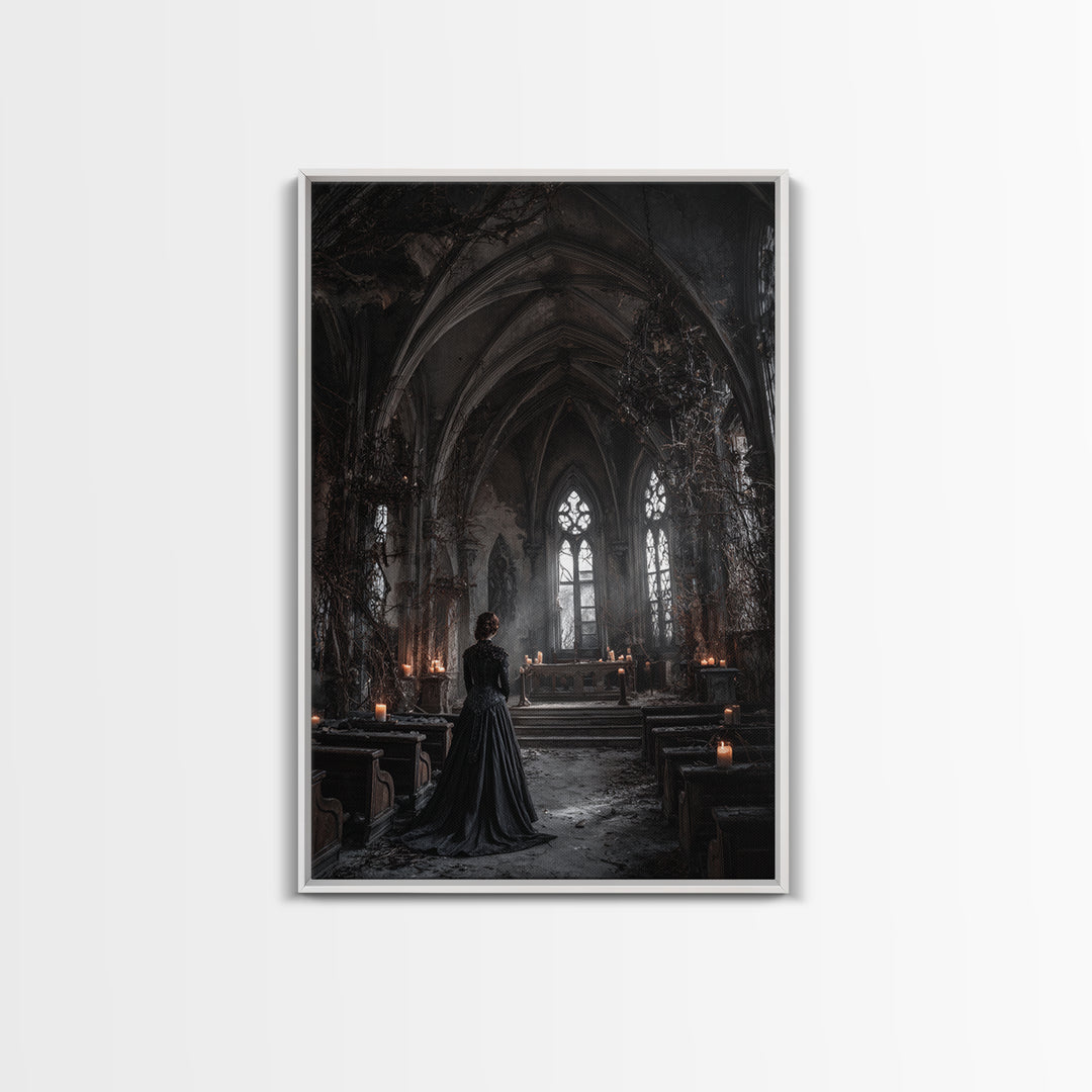 The Overgrown Chapel, Vertical Wall Art, Macabre Wall Art, Framed Canvas Print, Halloween Wall Decor, Gothic Home Decor, Spooky Wall Decor