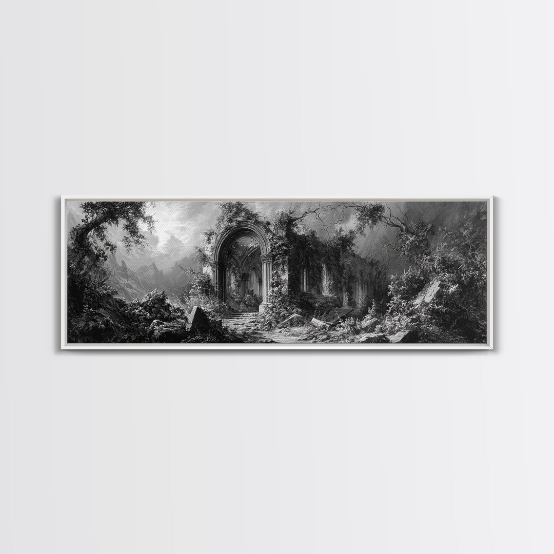 The Overgrown Chapel, Extra Wide Wall Art, Haunted Gothic Art, Framed Canvas Print, Halloween Wall Decor, Gothic Home Decor
