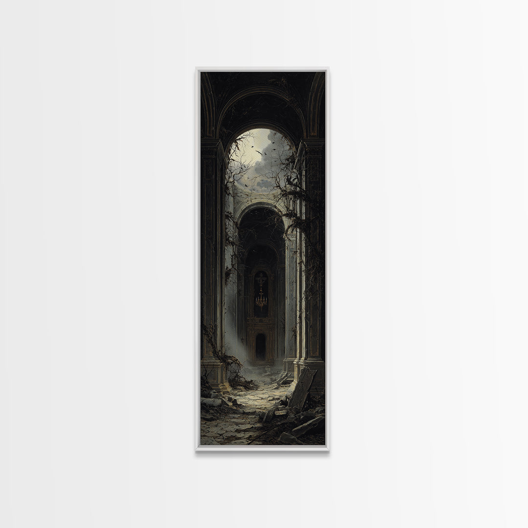 The Overgrown Chapel, Tall Narrow Wall Art, Dark Halloween Decor, Canvas Print, Halloween Wall Decor, Gothic Home Decor, Spooky Wall Decor