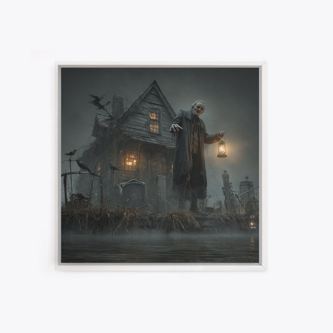 The Foggy Swamp Shack, Square Wall Art, Haunted Gothic Art, Framed Canvas Print, Halloween Wall Decor, Gothic Home Decor, Spooky Wall Decor