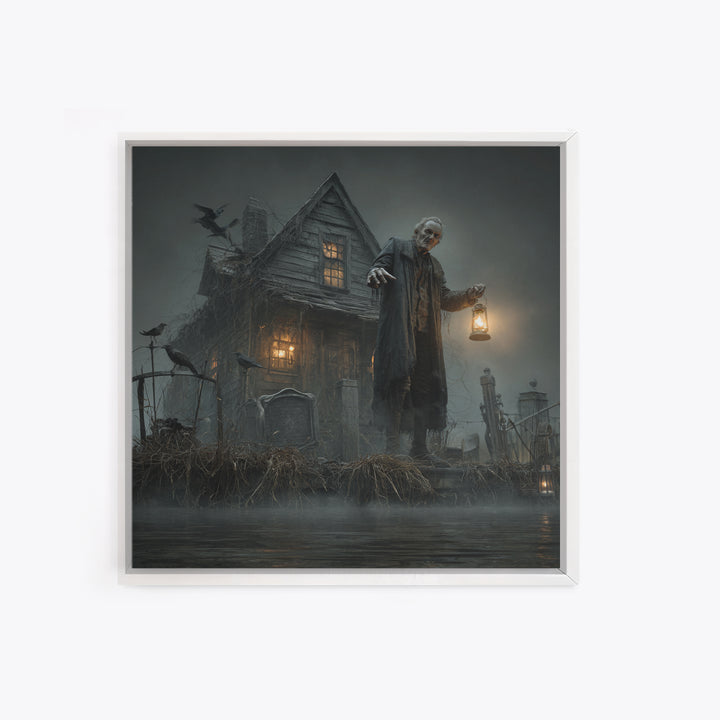 The Foggy Swamp Shack, Square Wall Art, Haunted Gothic Art, Framed Canvas Print, Halloween Wall Decor, Gothic Home Decor, Spooky Wall Decor