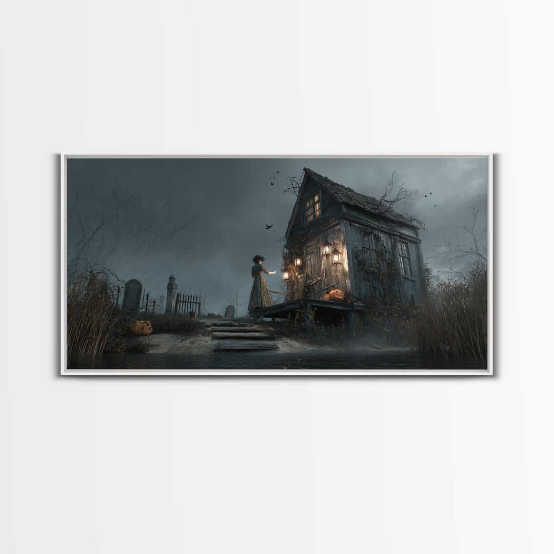 The Foggy Swamp Shack, Wide Panoramic Art, Gothic Horror Wall Art, Framed Canvas Print, Halloween Wall Decor, Gothic Home Decor