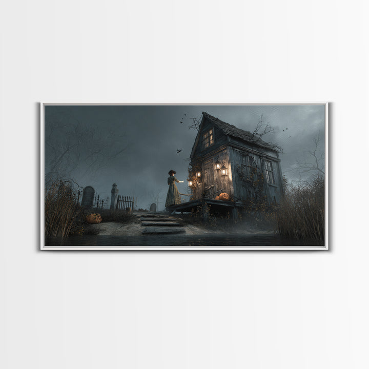 The Foggy Swamp Shack, Wide Panoramic Art, Gothic Horror Wall Art, Framed Canvas Print, Halloween Wall Decor, Gothic Home Decor