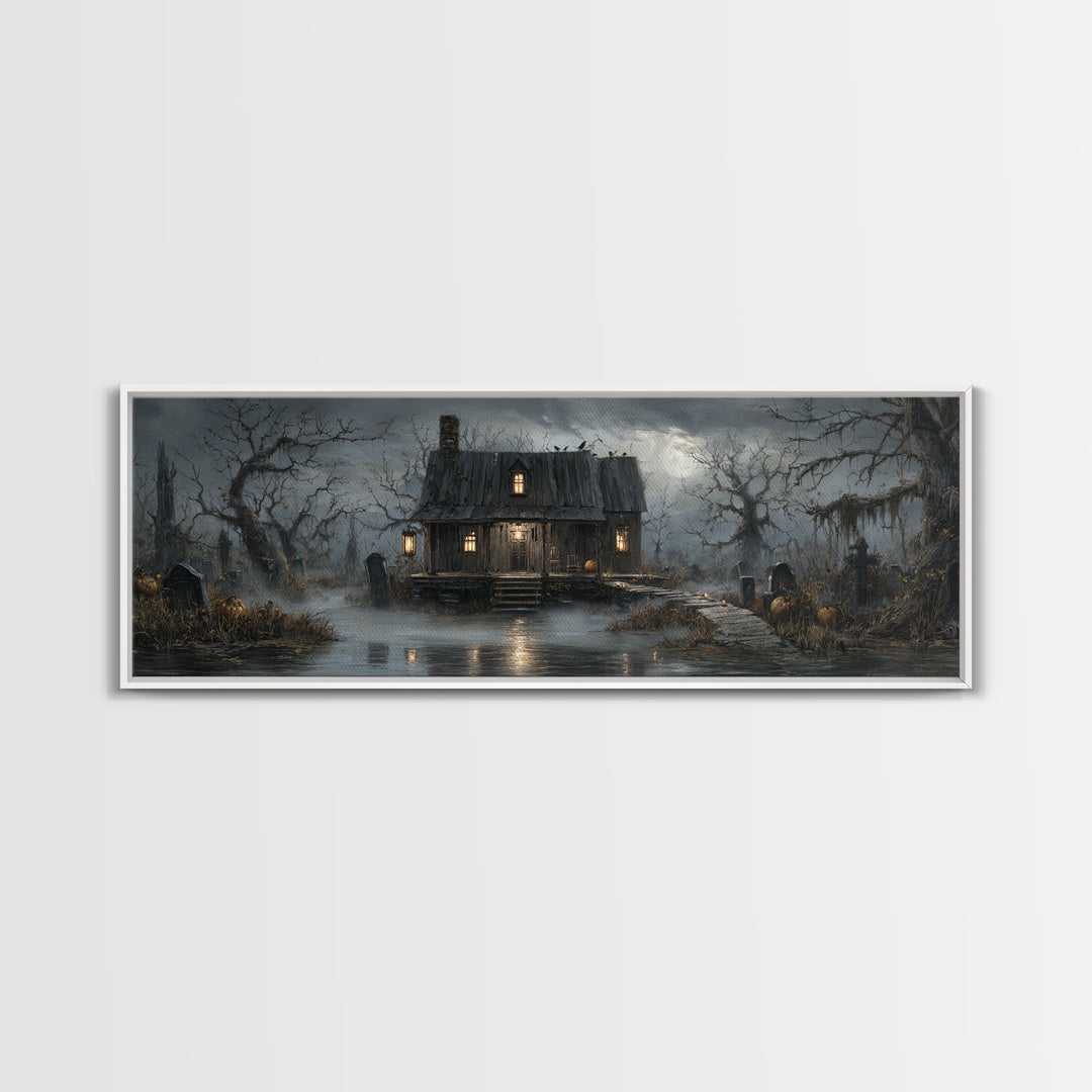 The Foggy Swamp Shack, Extra Wide Wall Art, Haunted Gothic Art, Framed Canvas Print, Halloween Wall Decor, Gothic Home Decor