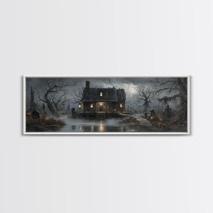 The Foggy Swamp Shack, Extra Wide Wall Art, Haunted Gothic Art, Framed Canvas Print, Halloween Wall Decor, Gothic Home Decor
